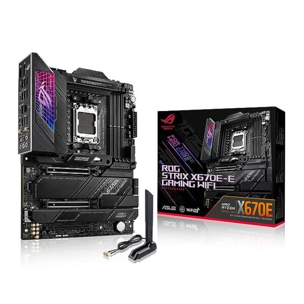 ASUS ROG Strix X670E-E Gaming WiFi AMD Ryzen AM5 ATX Motherboard, 18+2 Power Stages, DDR5 Support, Four M.2 Slots with heatsinks, PCIe 5.0, USB 3.2 Gen 2x2, WiFi 6E, AI Cooling II, and Aura Sync