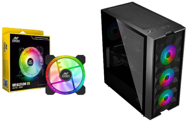 Ant Esports ICE-521MT Mid Tower Computer Case I Gaming Cabinet I Supports ATX MB with Transparent Tempered Glass Side Panel - Black & Royaleflow 120 Auto RGB 120mm 1200 RPM Cooler Case Fan